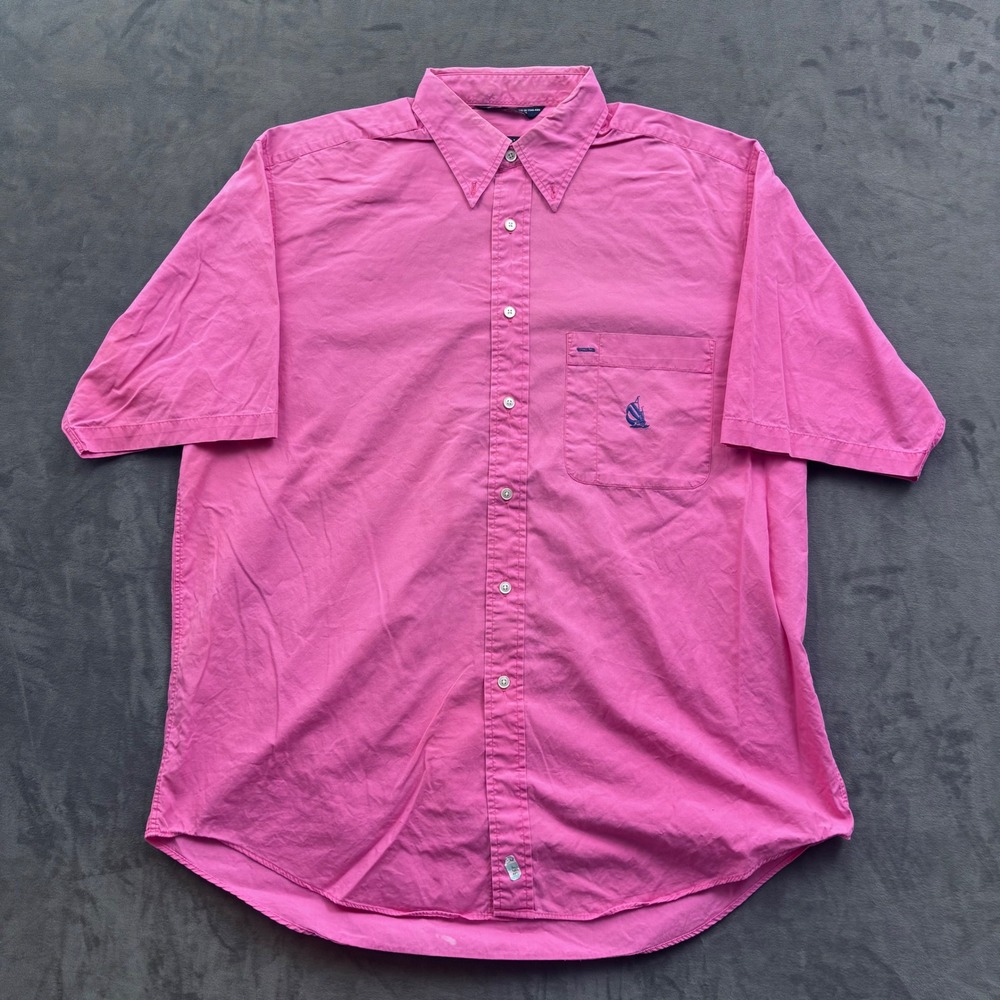 Nautica Mens Pink Short Sleeve Button Down Shirt Large Cotton Logo Preppy